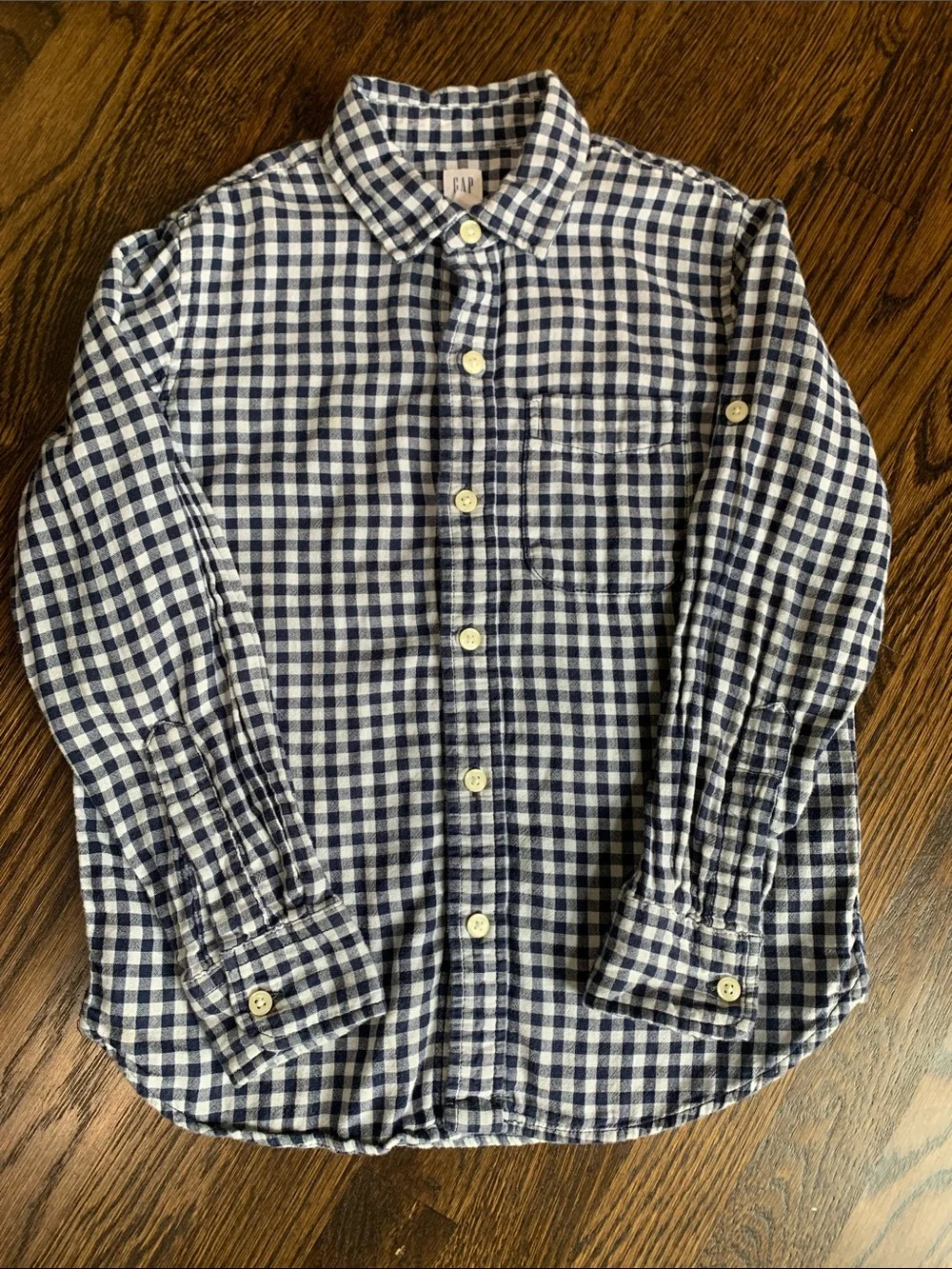 GAP Navy and White Gingham Button-Down Shirt - Boys Medium (8)